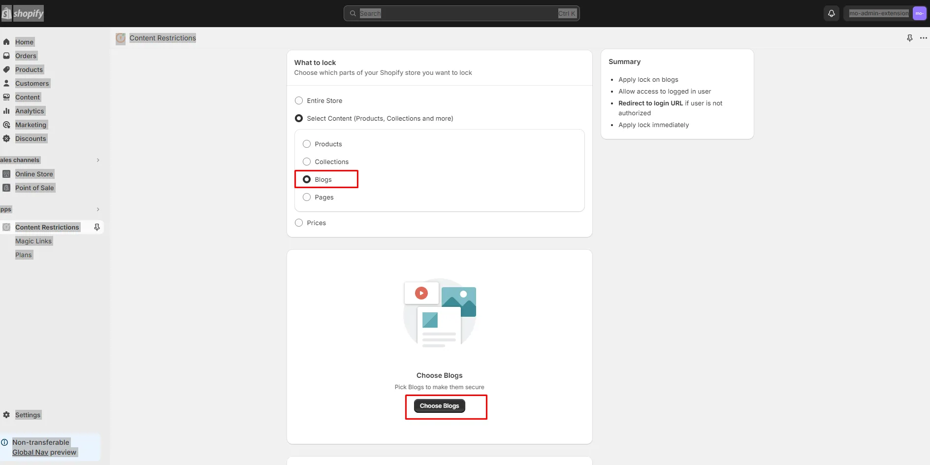 Shopify LockOn Restrict Content Application - - Restrict blogs