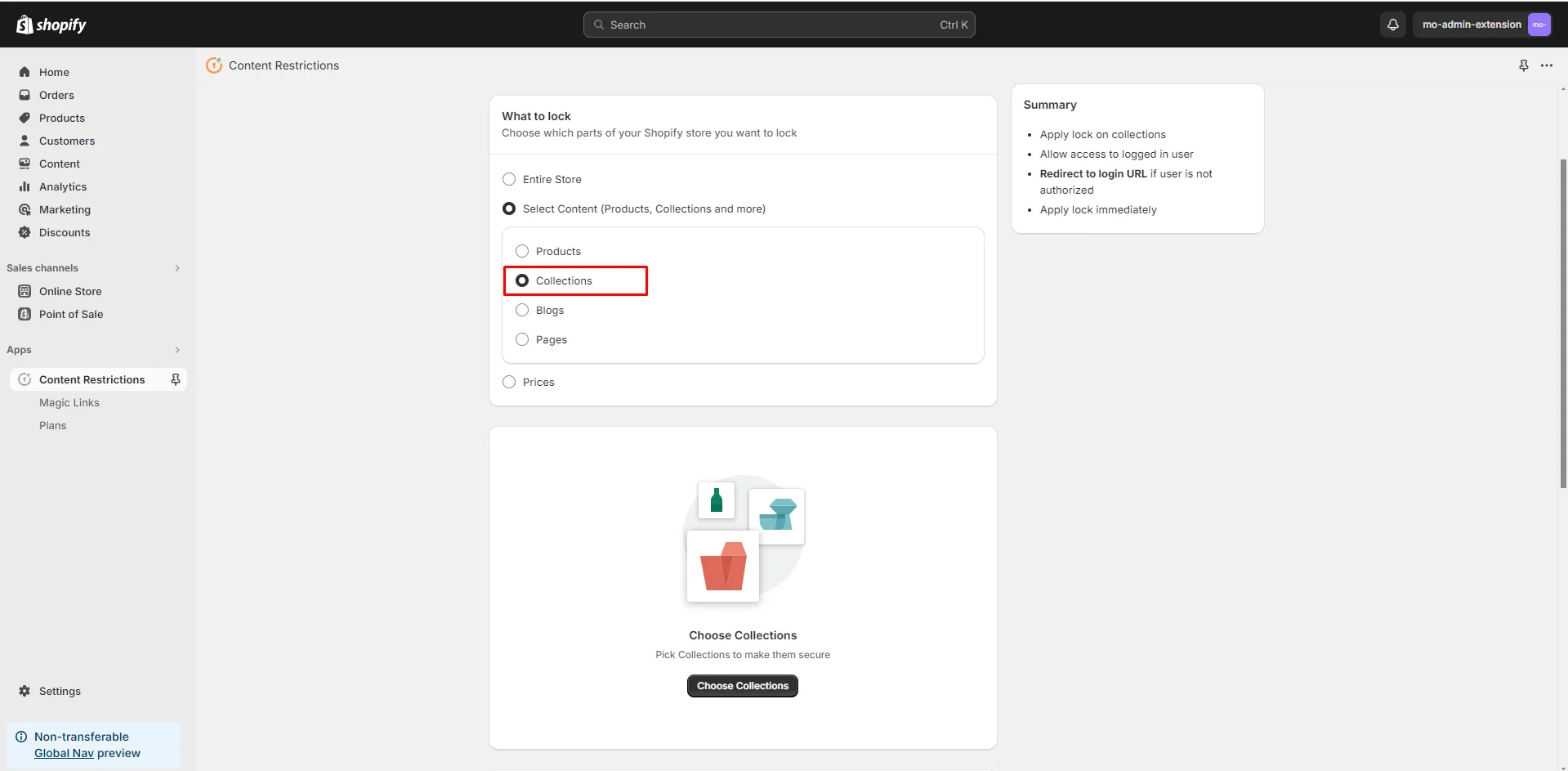 Shopify LockOn Restrict Content Application - - Select Collections