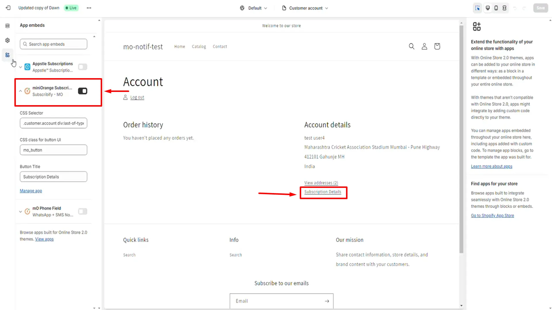 Shopify Subscription Management - Subscription Details on account page