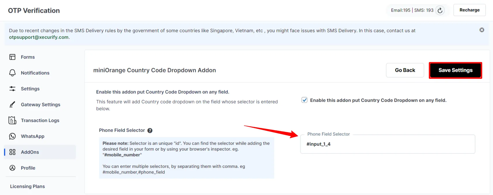 WordPress Country Code Dropdown - click save settings button