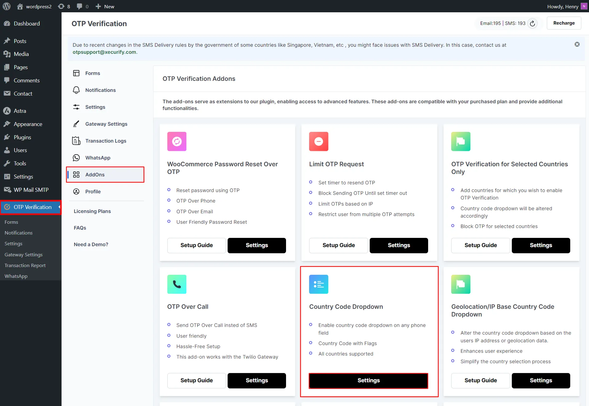 WordPress Country Code Dropdown - click settings button