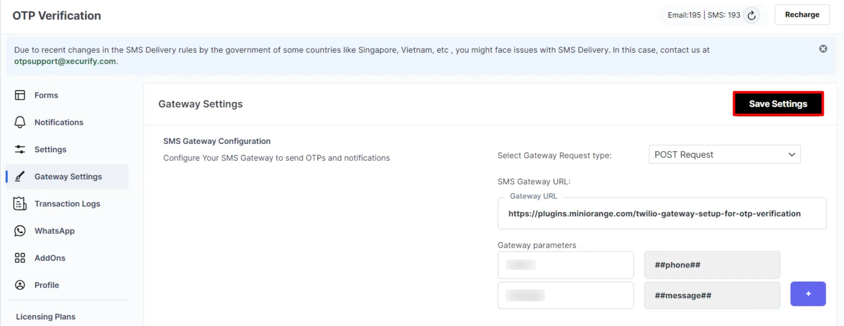 WordPress SMS Gateway Request - Click save settings