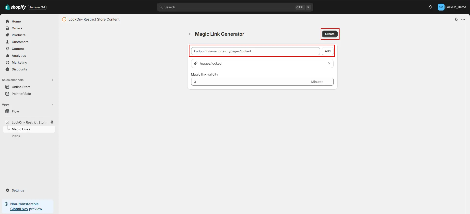 Shopify LockOn Restrict Content Application - Enter the endpoint name for magic link