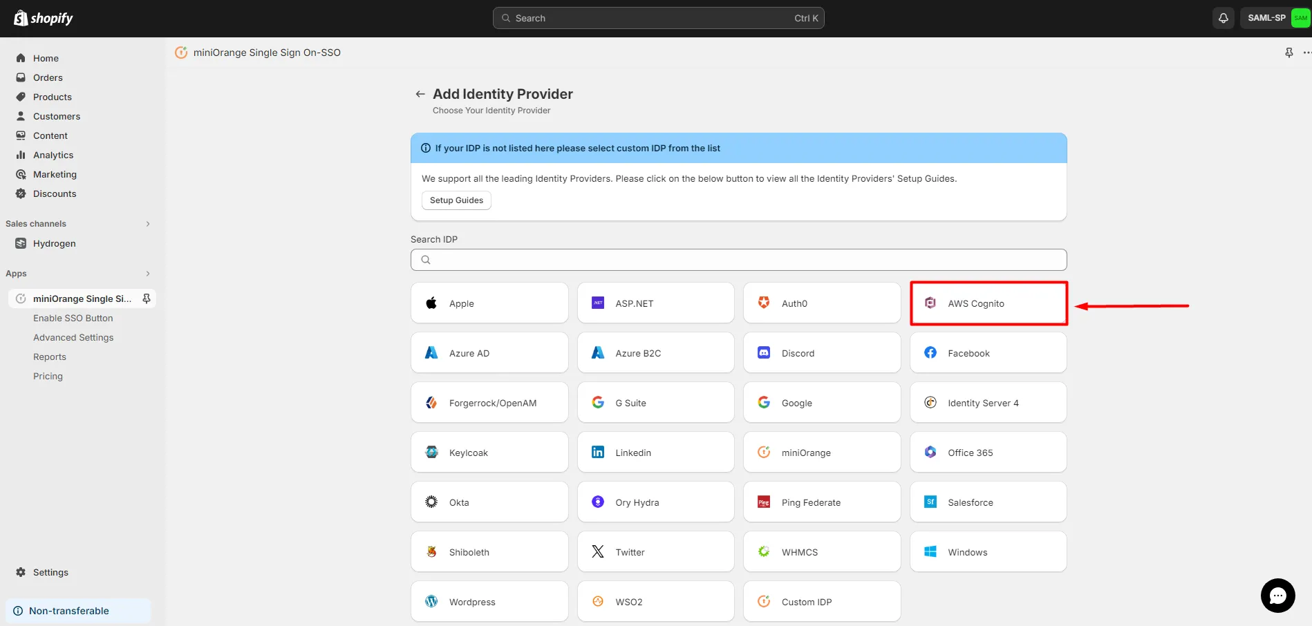 Shopify Azure B2C SSO Login - Select Okta from IDP List