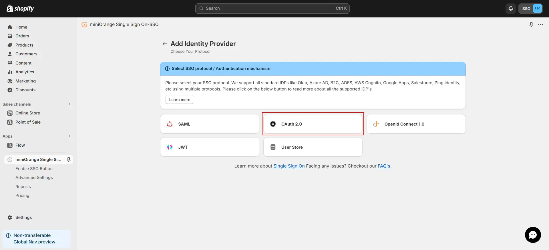 Shopify SSO - Select OAuth protocol