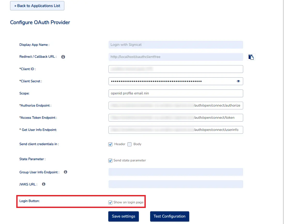 Signicat Single Sign-on (SSO) - WordPress create-newclient login button setting