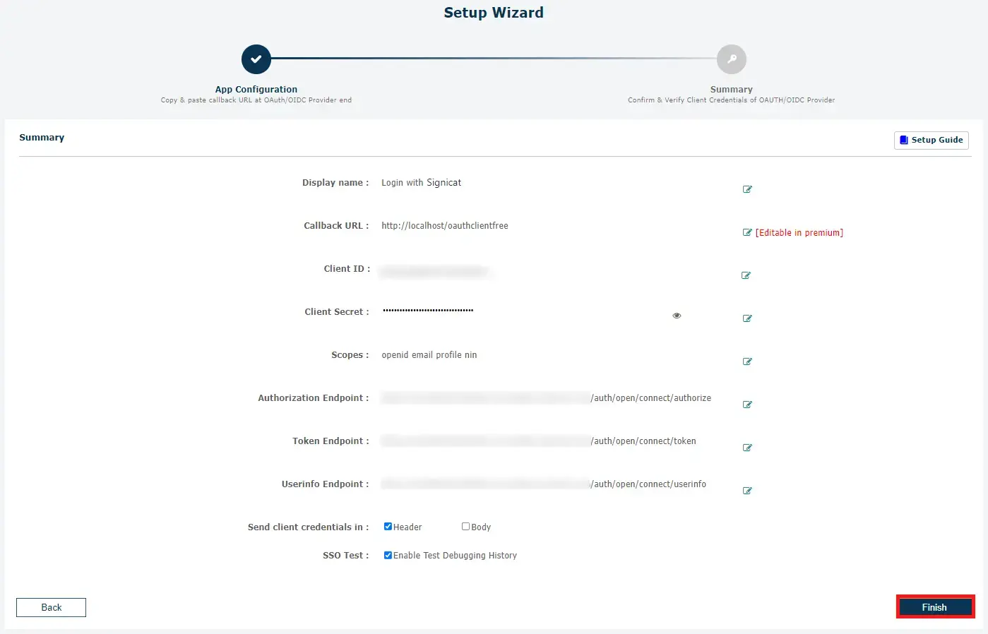 Signicat Single Sign-On (SSO) OAuth - Finish configuration