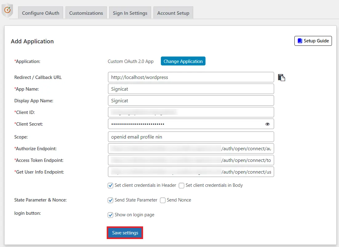 Signicat Single Sign-On (SSO) OAuth - Add App name, TenantID