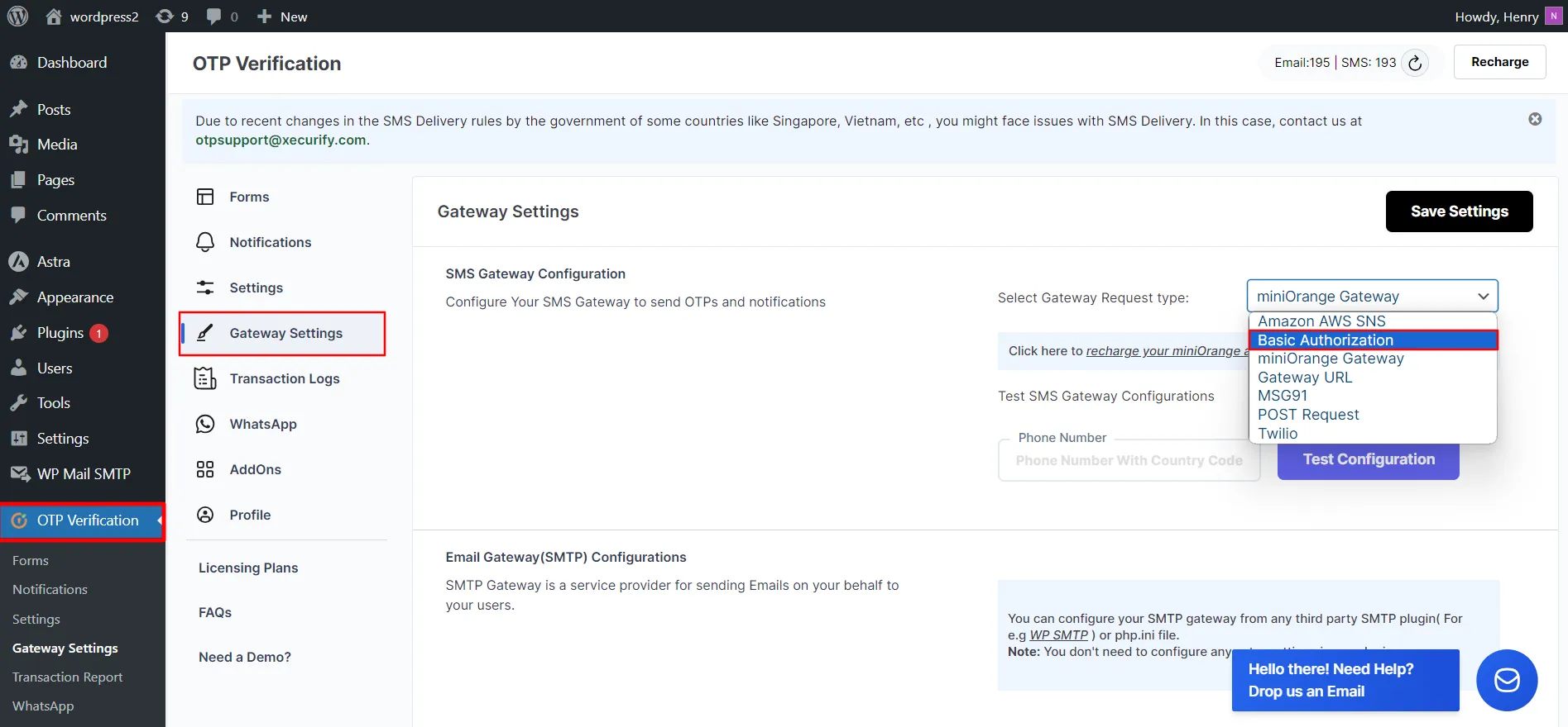 WordPress SMS Gateway Request - click OTP Verification plugin