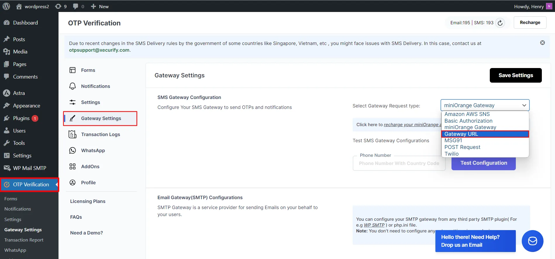 WordPress SMS Gateway Request - Click Gateway settings