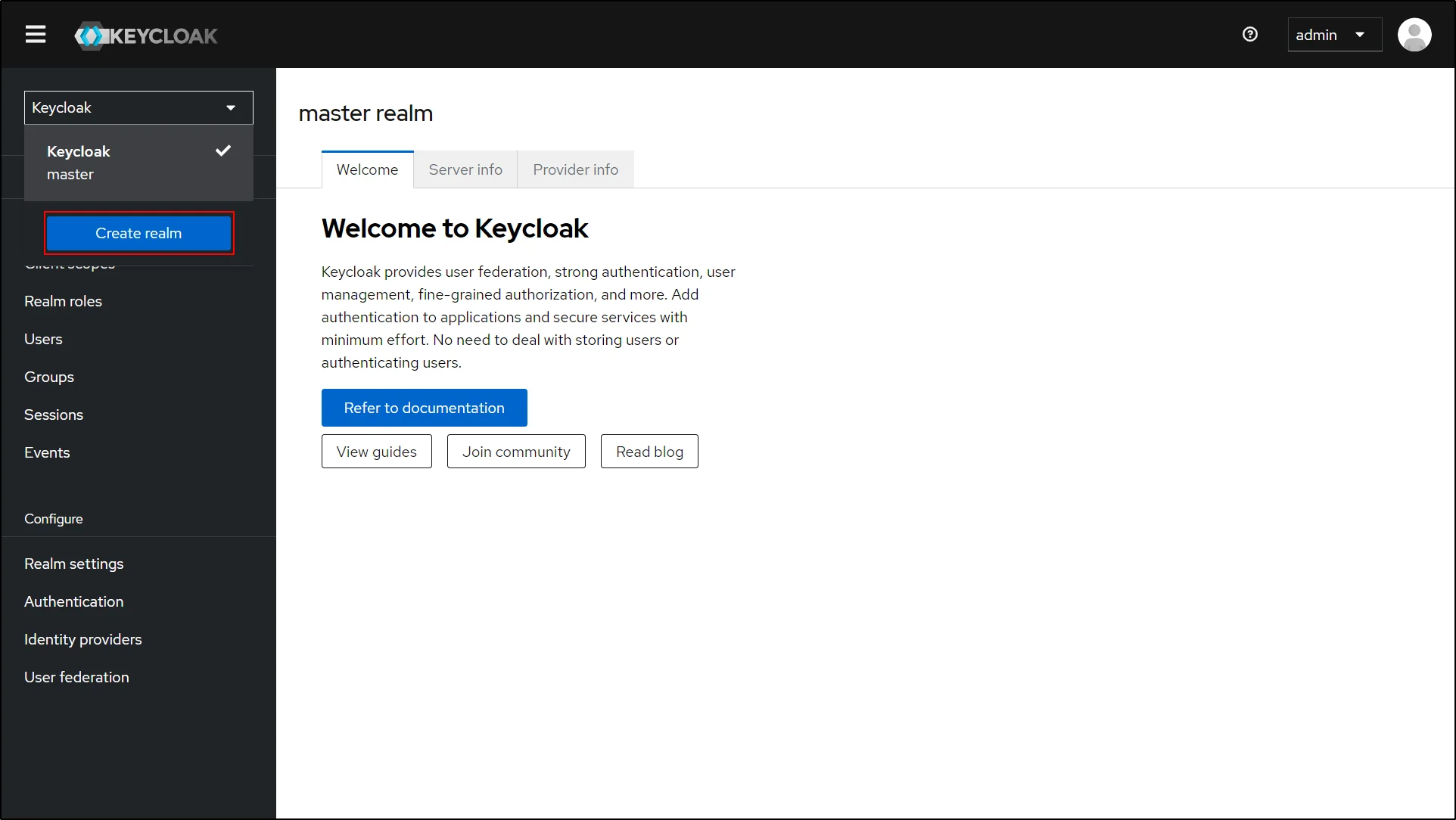 Drupal Keycloak OAuth/OIDC Single Sign On - SSO - Navigate to the master and click on Create Realm button