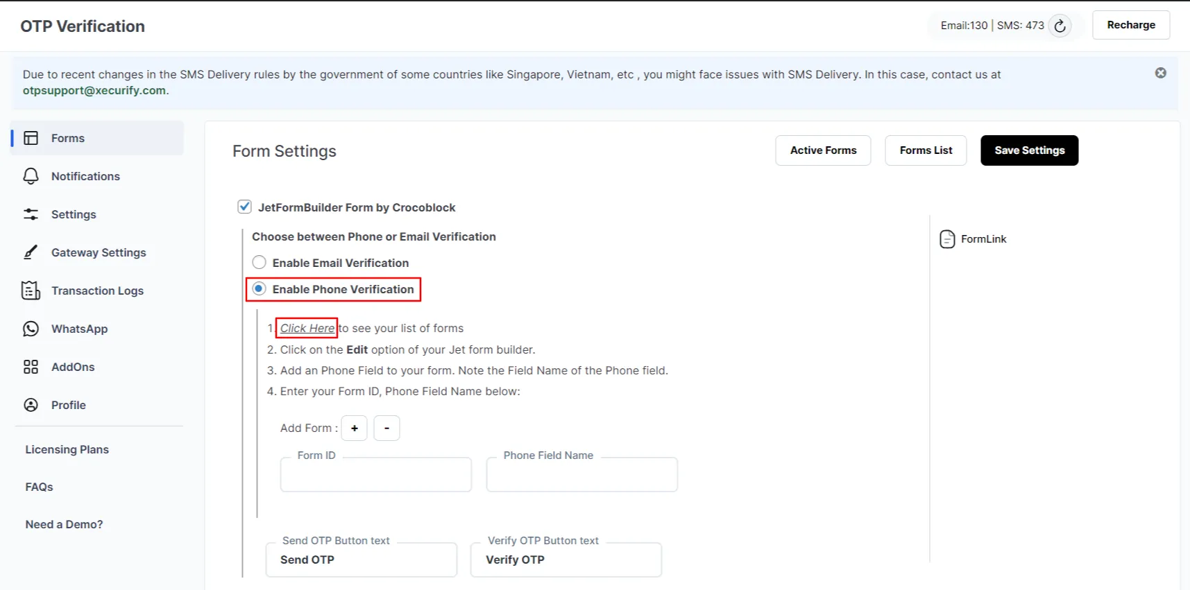 Crocoblock JetFormBuilder OTP Verification - Enable phone verification