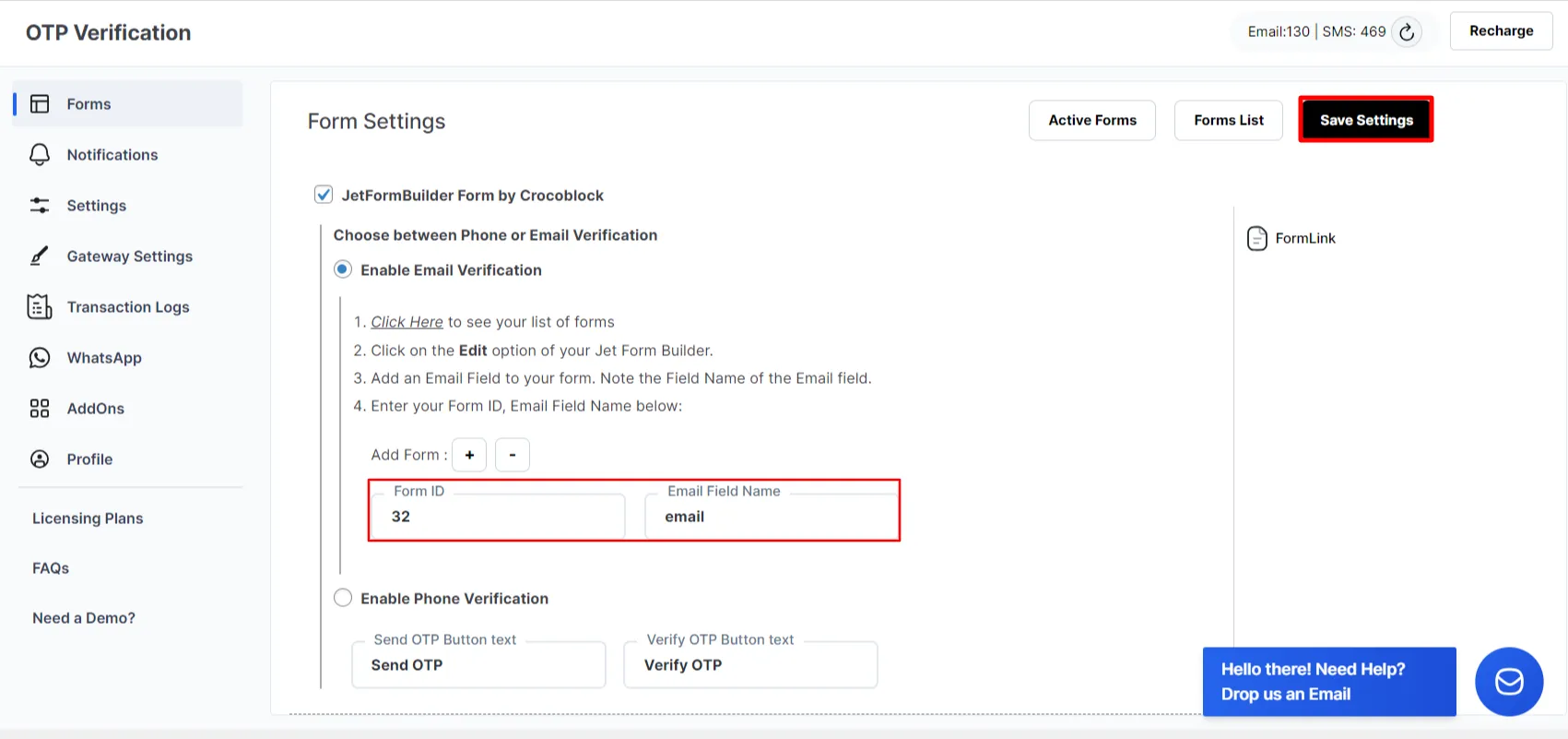 Crocoblock JetFormBuilder OTP Verification - Click Save Settings