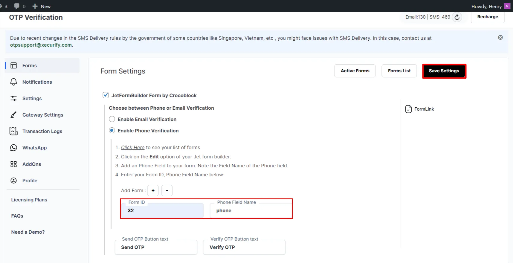 Crocoblock JetFormBuilder OTP Verification - Click Save Settings