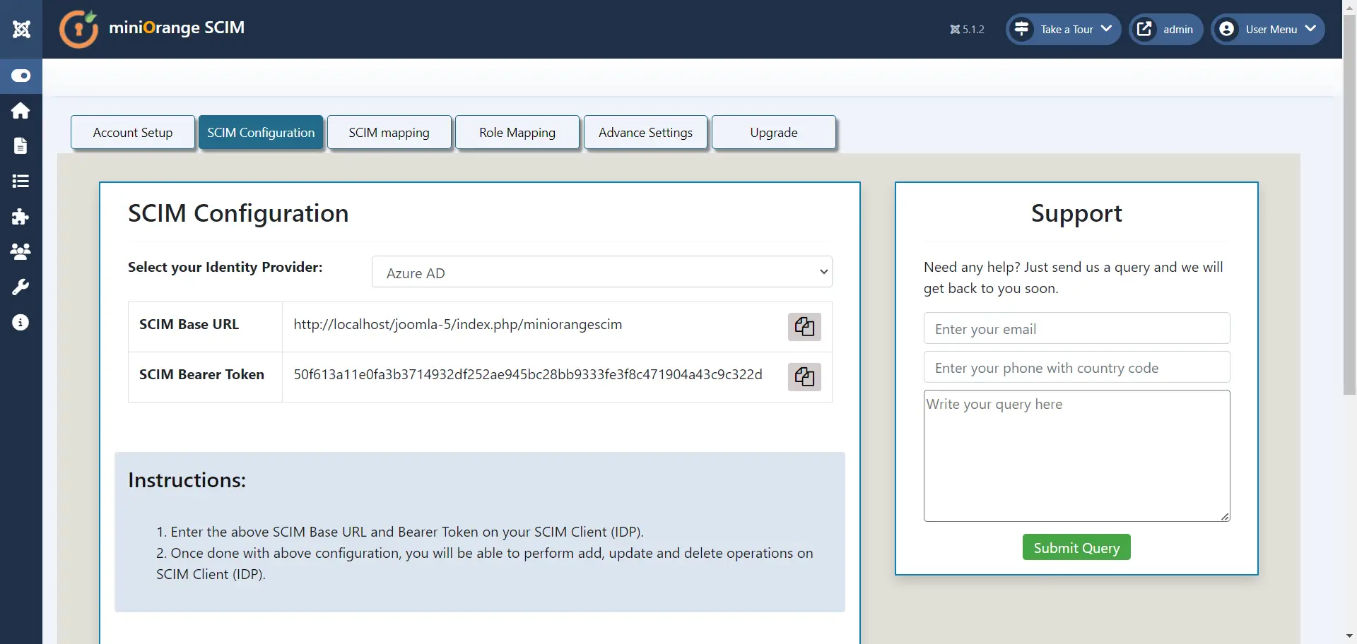 Joomla User Provisioning and Sync - Copy the SCIM Base URL and SCIM Bearer Token