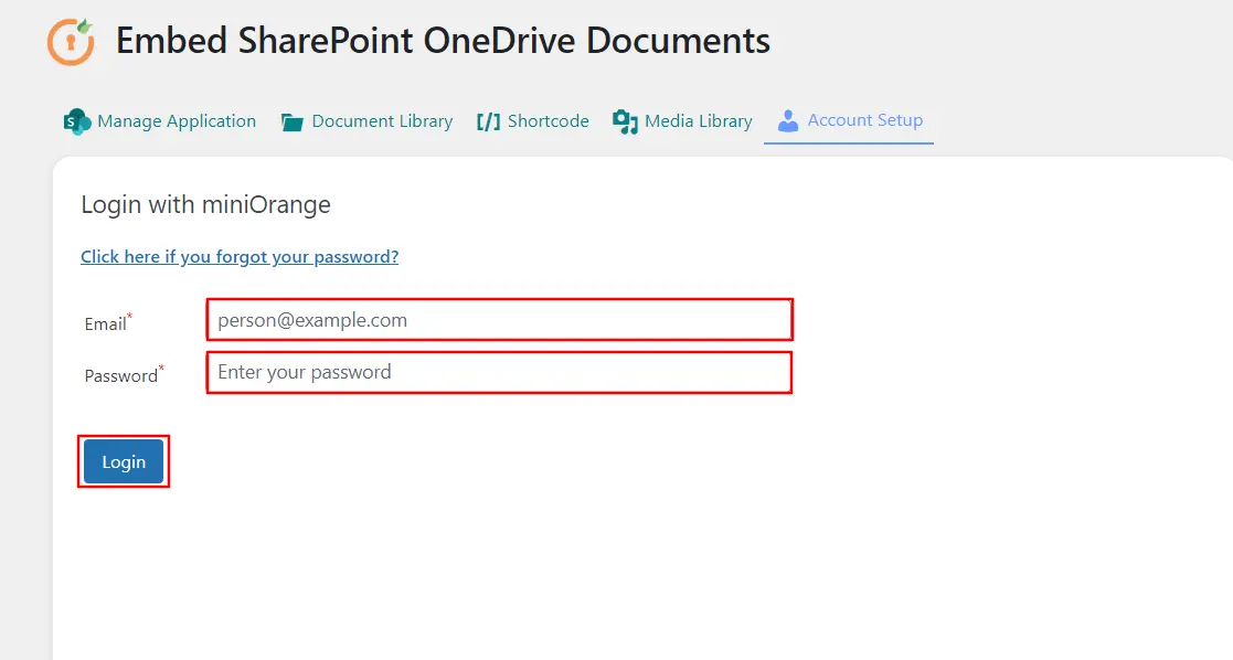 Embed SharePoint OneDrive Documents - Enter miniOrange credentials 