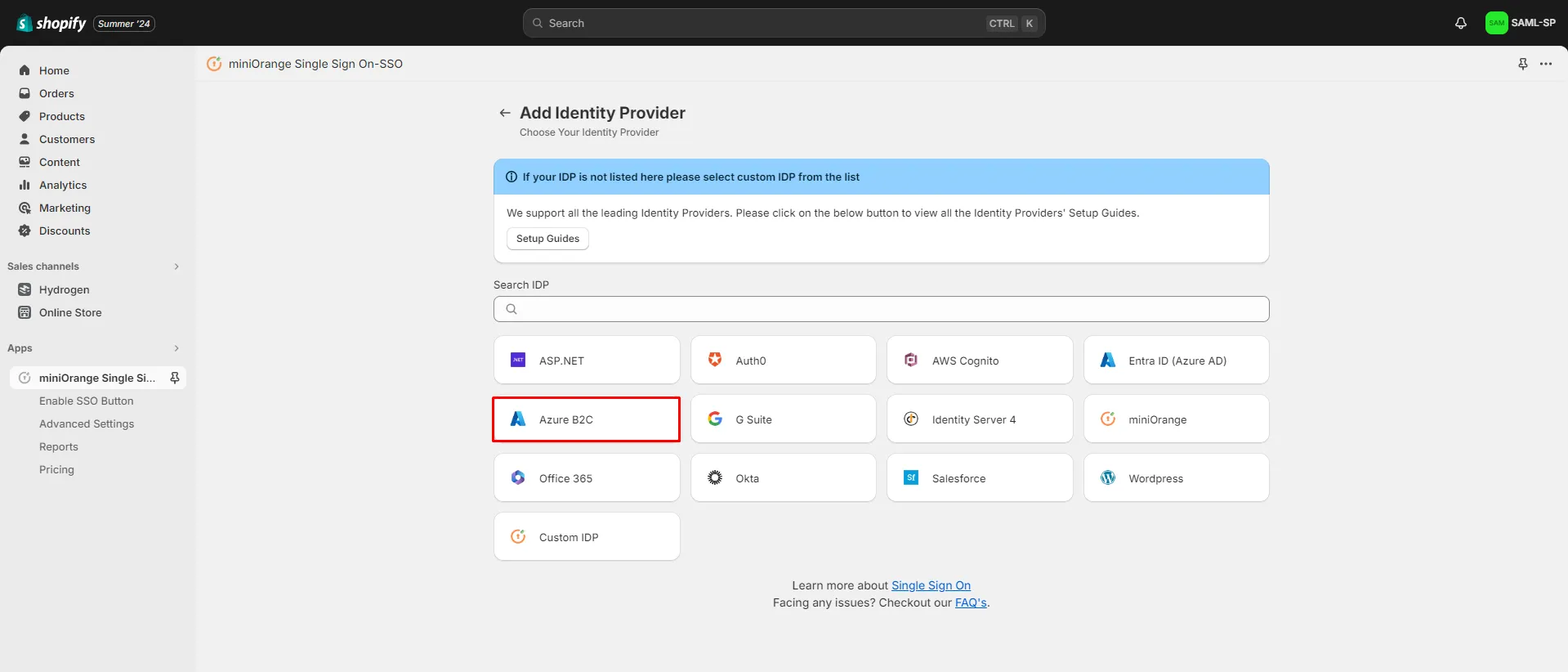 Shopify Azure B2C SSO Login - Select Okta from IDP List