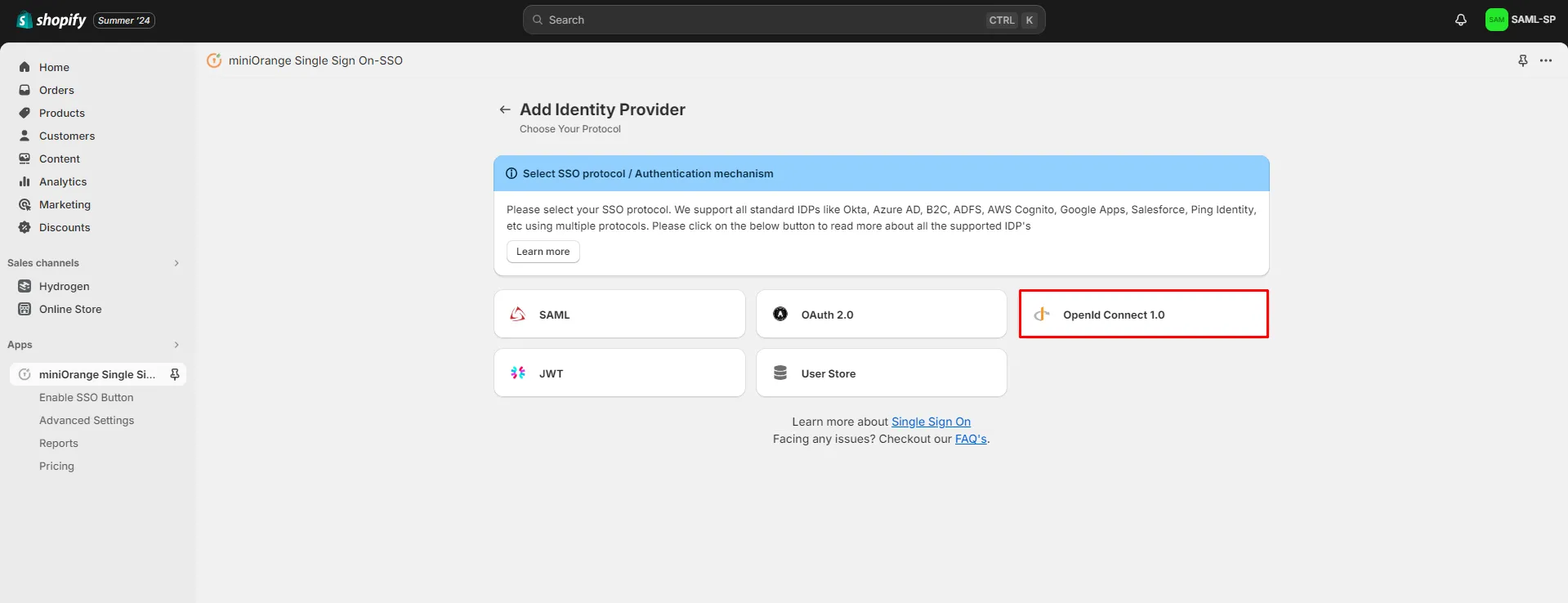 Shopify Azure B2C SSO Login - Select SAML Protocol