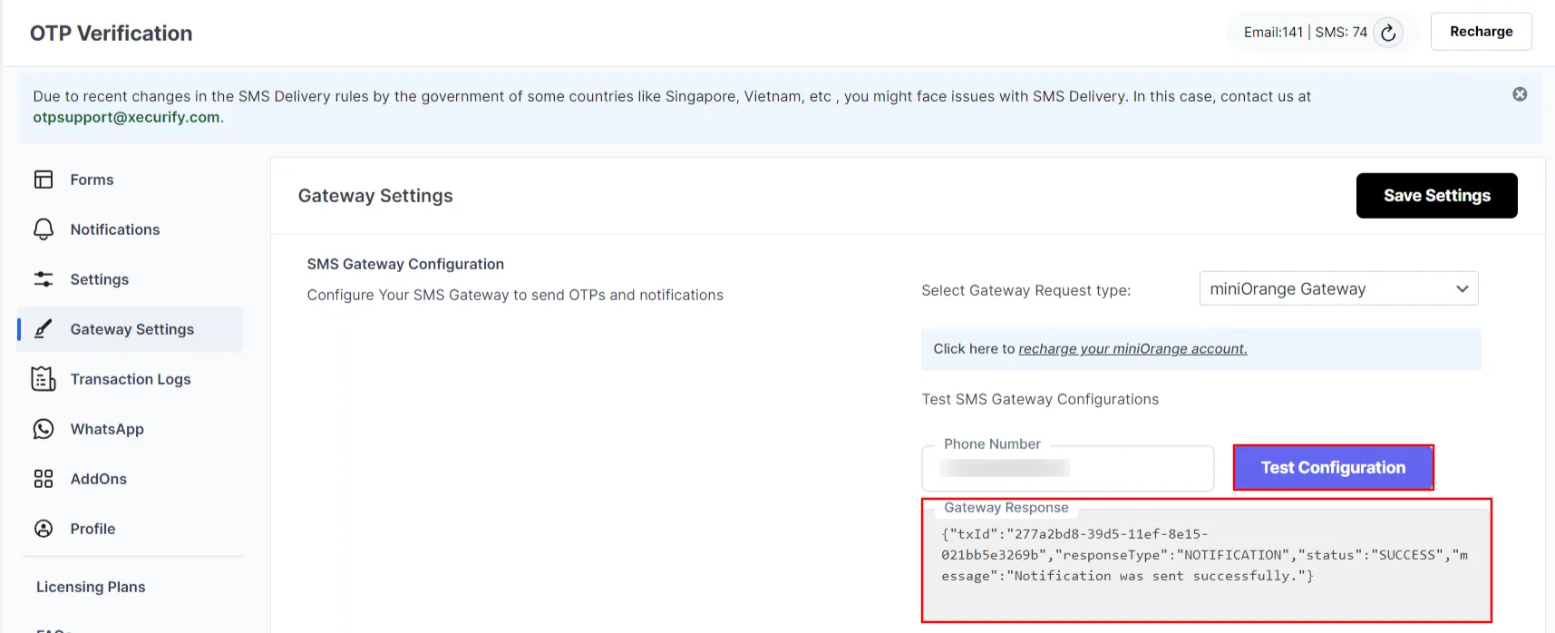 WordPress SMS Gateway Request - click test configuration