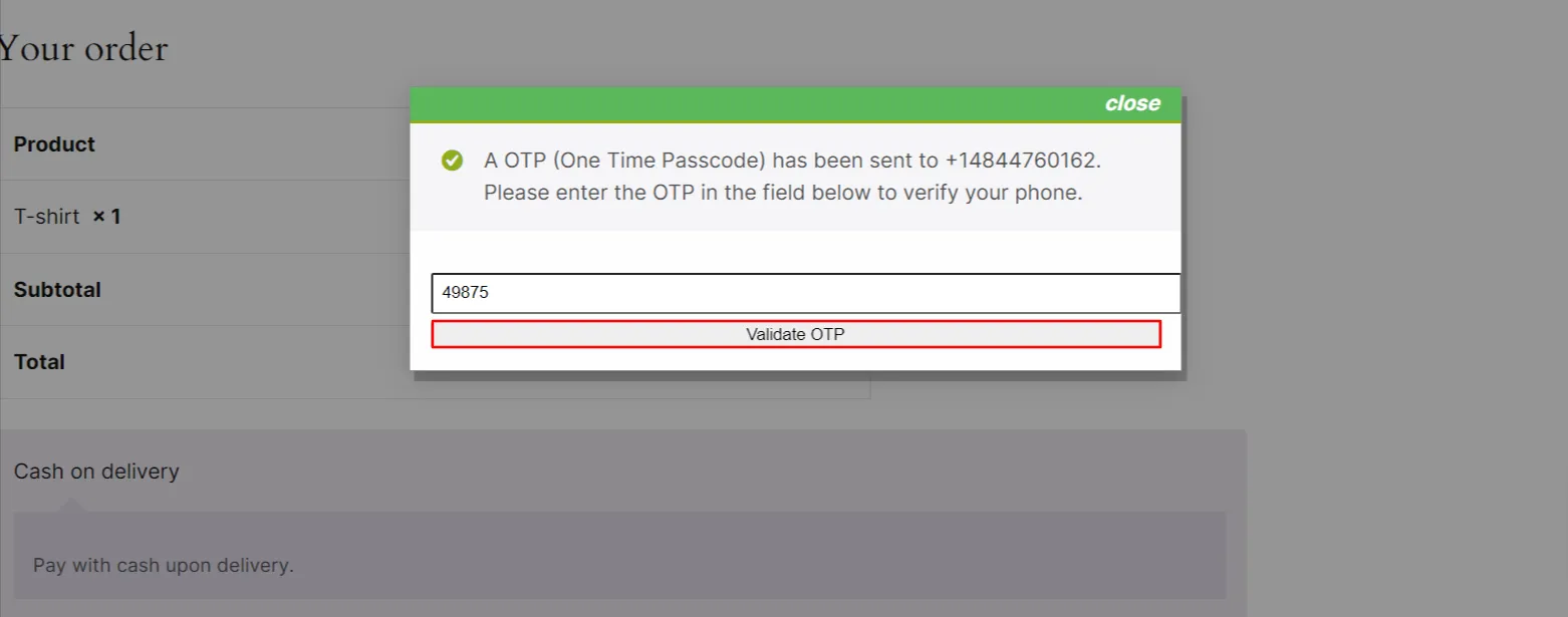WooCommerce Checkout Form OTP - click on the Validate OTP button