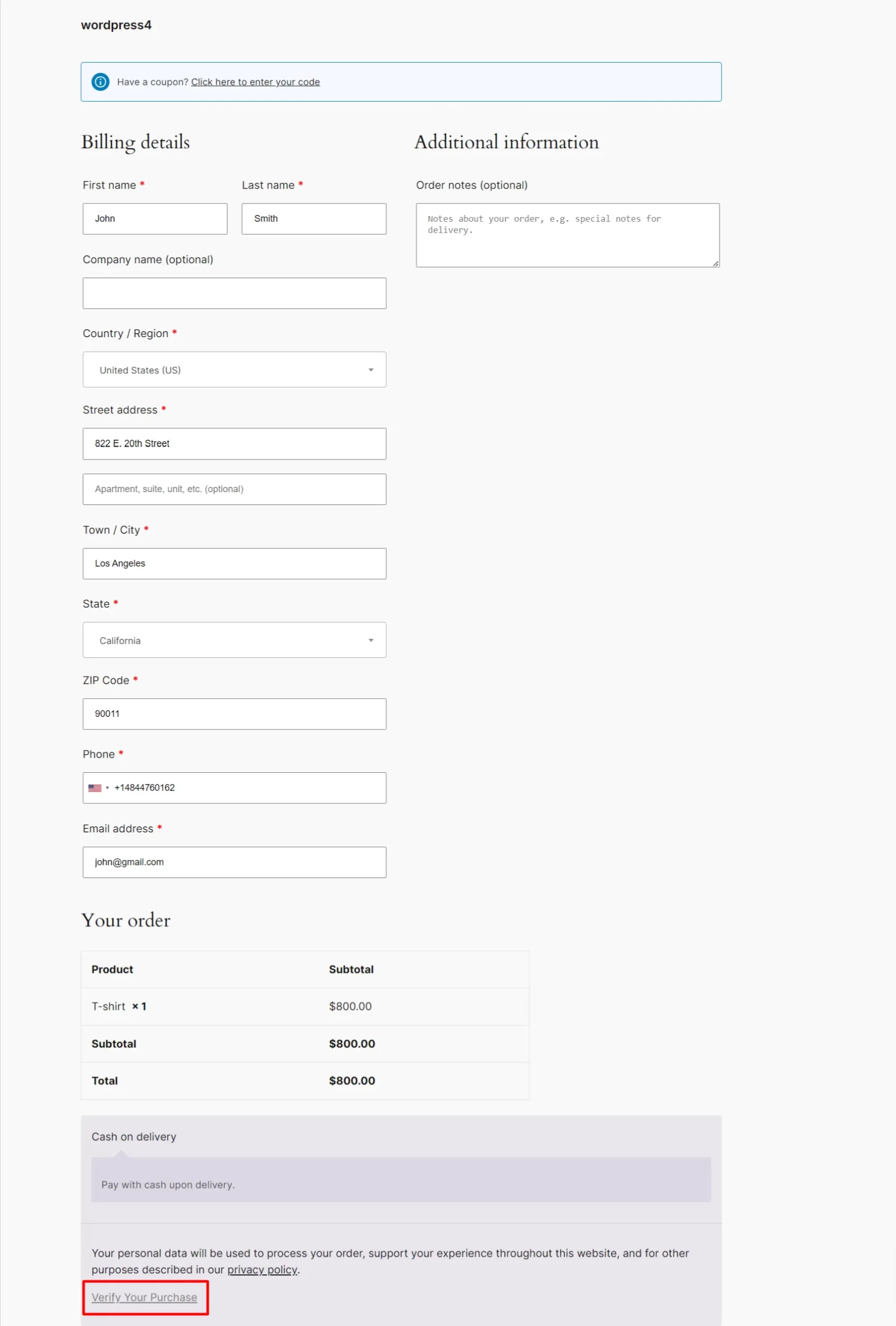 WooCommerce Checkout Form OTP - click on click verify your purchase