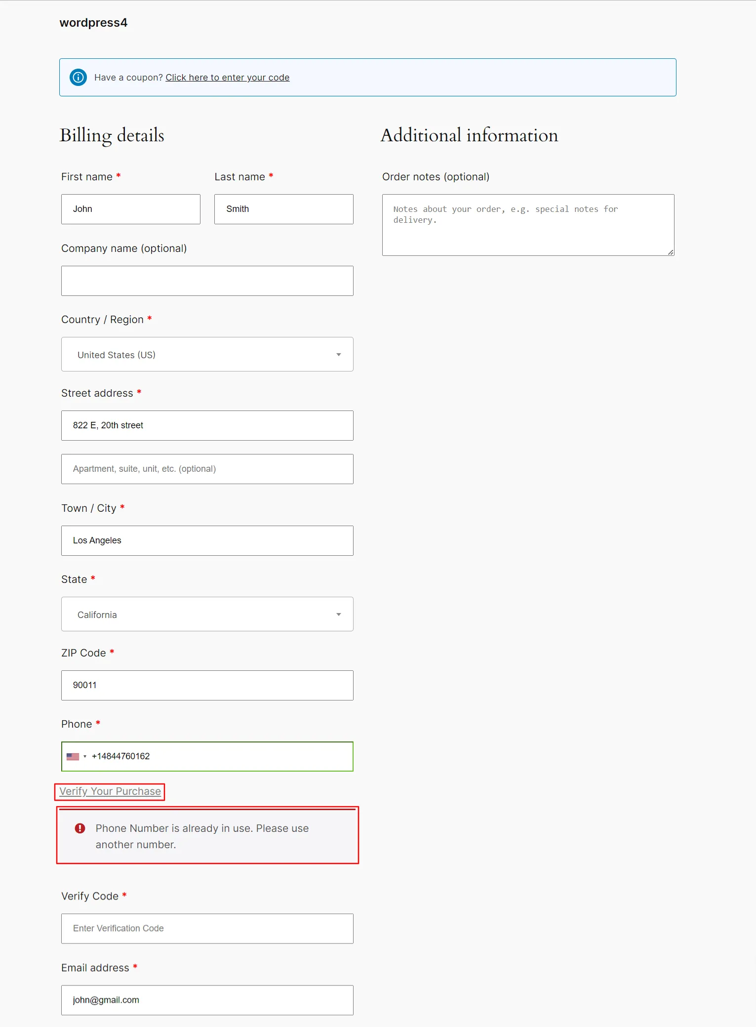 WooCommerce Checkout Form OTP - See error message