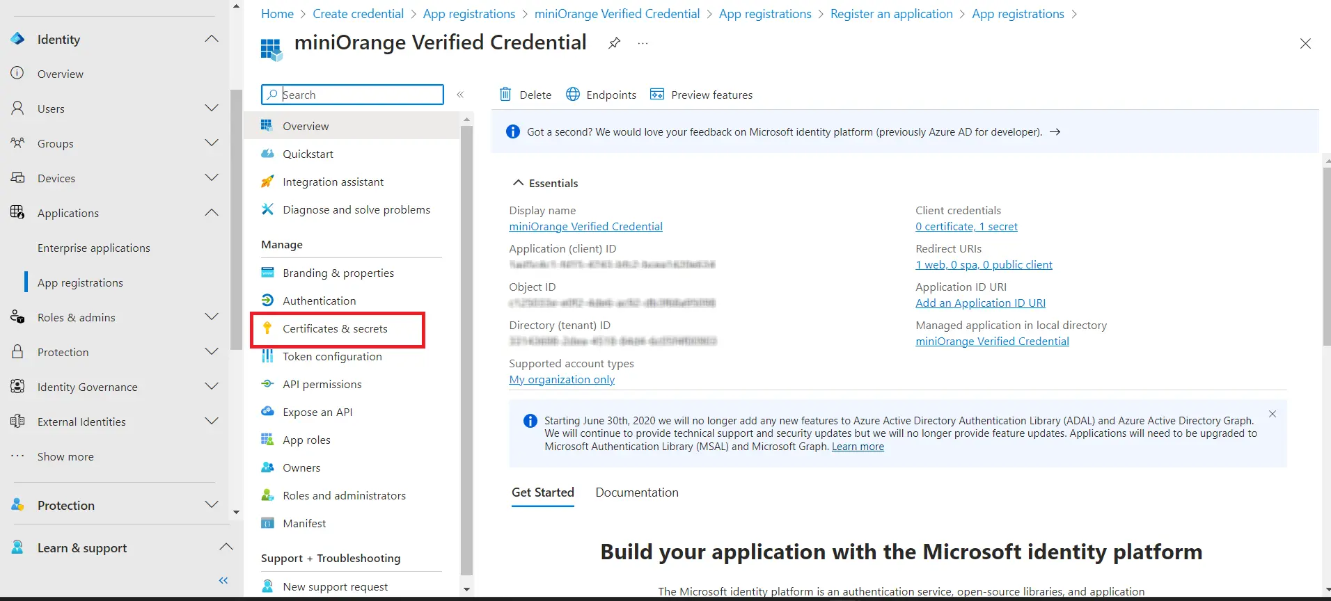 setup microsoft digital identity using microsoft authenticator- get client secret