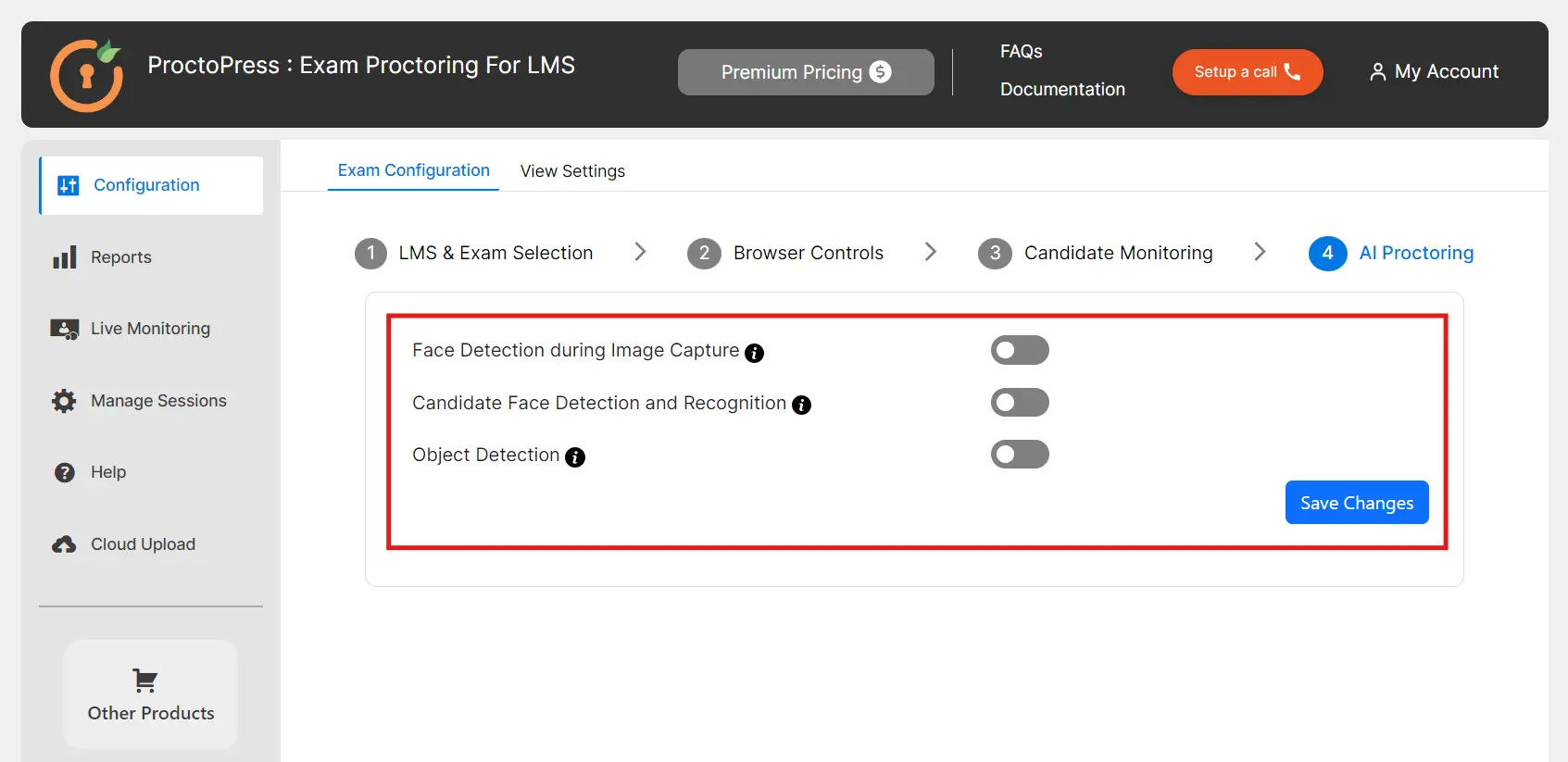 miniorange proctopress online exam proctoring for LMS AI proctoring settings