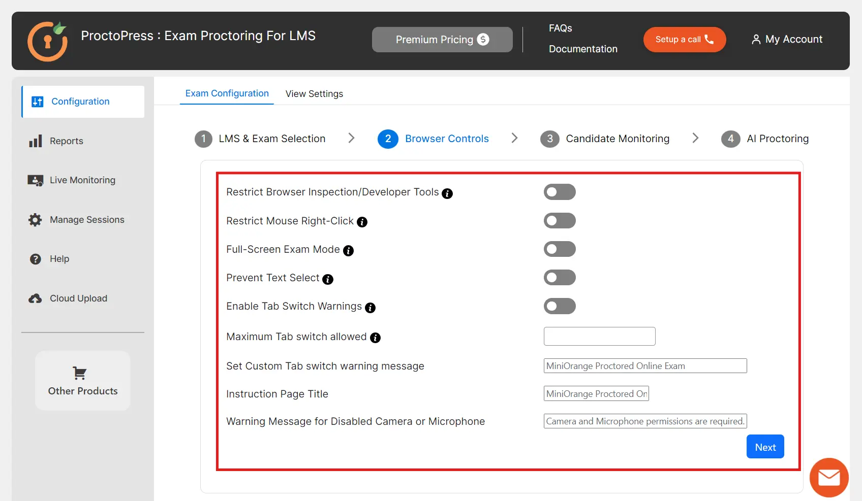 miniorange proctopress online exam proctoring for LMS browser controls configuration