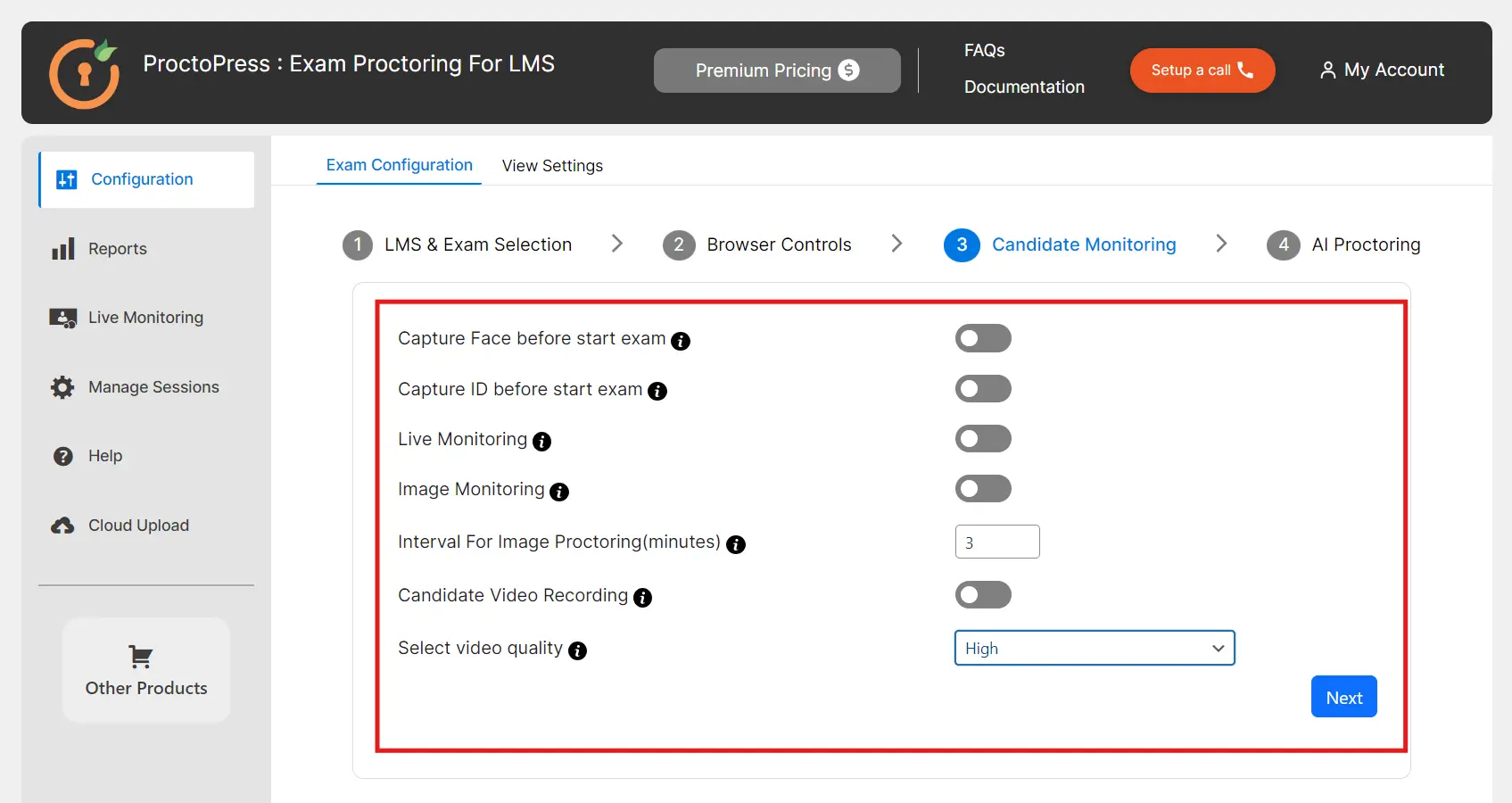 miniorange proctopress online exam proctoring for LMS candidate monitoring configuration