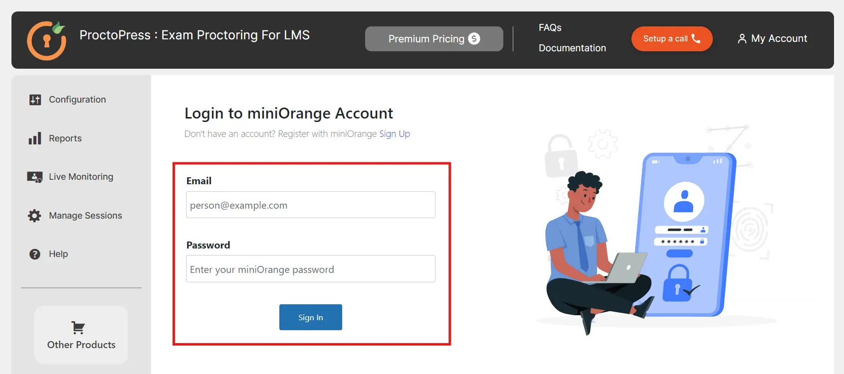 miniorange proctopress online exam proctoring for LMS miniorange account login