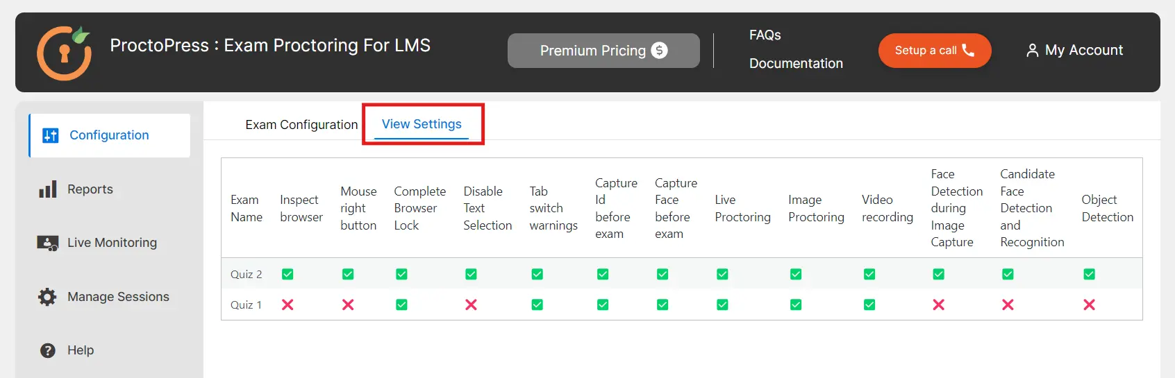 miniorange proctopress online exam proctoring for LMS view exam settings