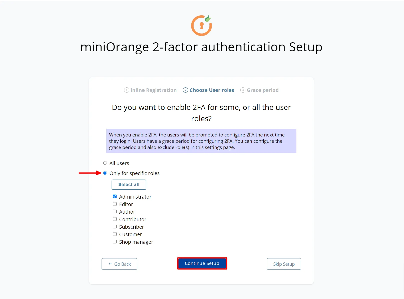 setup Authy authenticator - choose particular role like admin