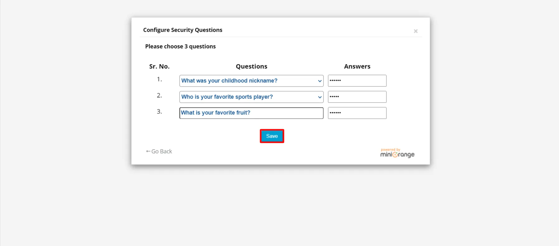 Security Questions setup - select questions and asnswers