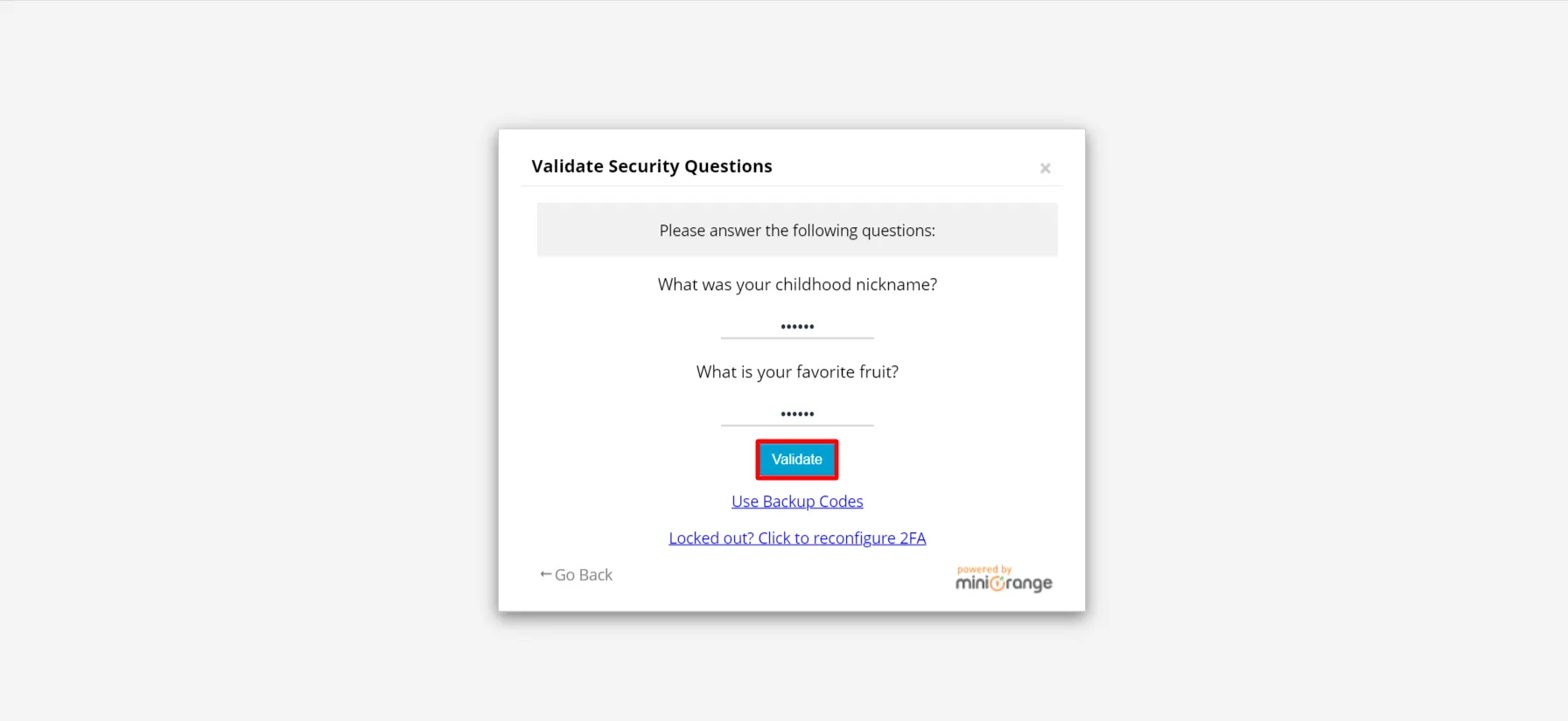 setup Security Questions - enter 2fa code to verify