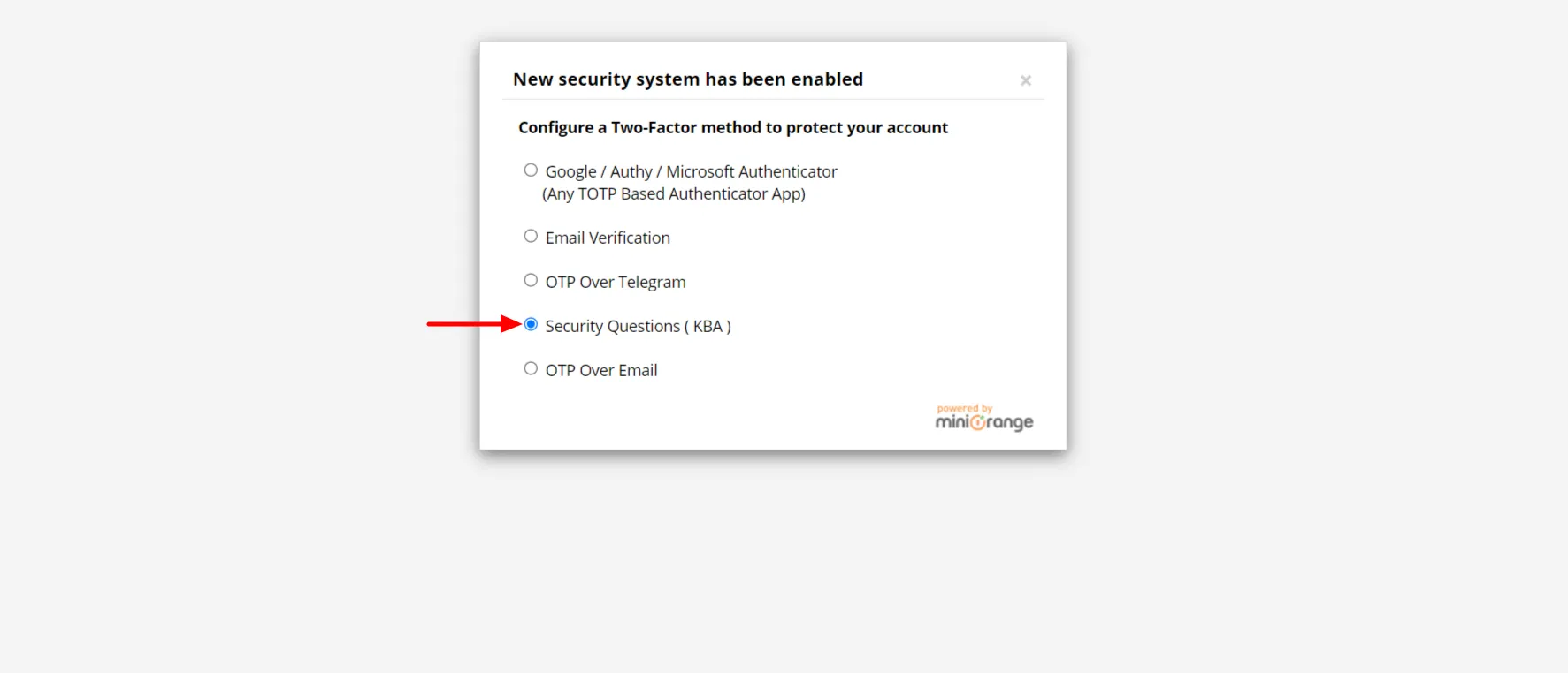 choose google Authenticator option - Security Questions setup