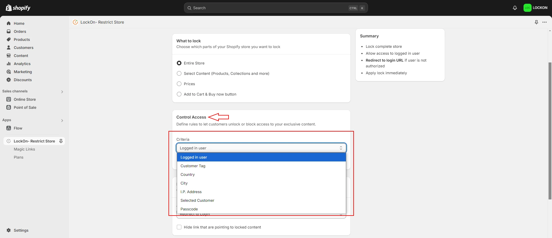 Shopify LockOn Restrict Content Application - - Lock Criteria