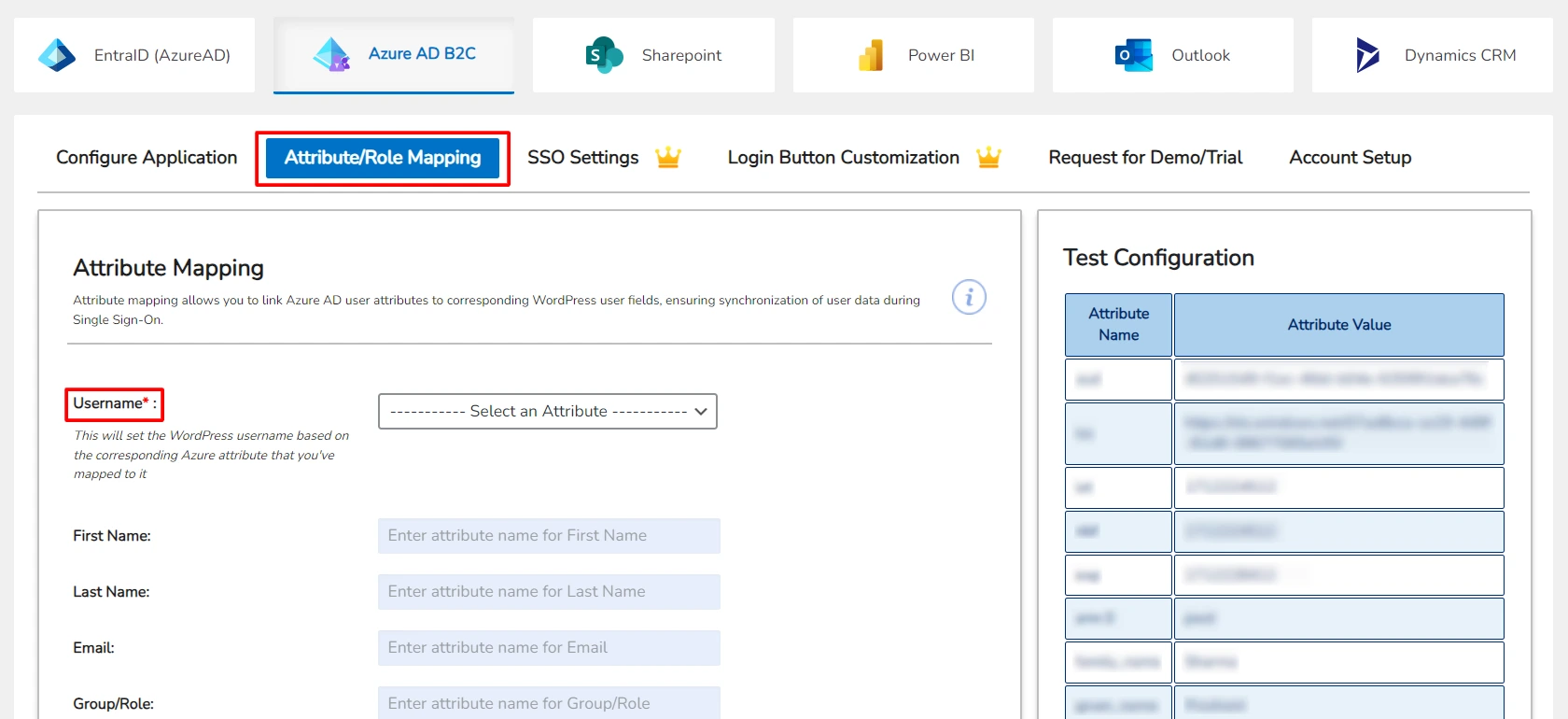 Setup azure sso - azure b2c attribute mapping