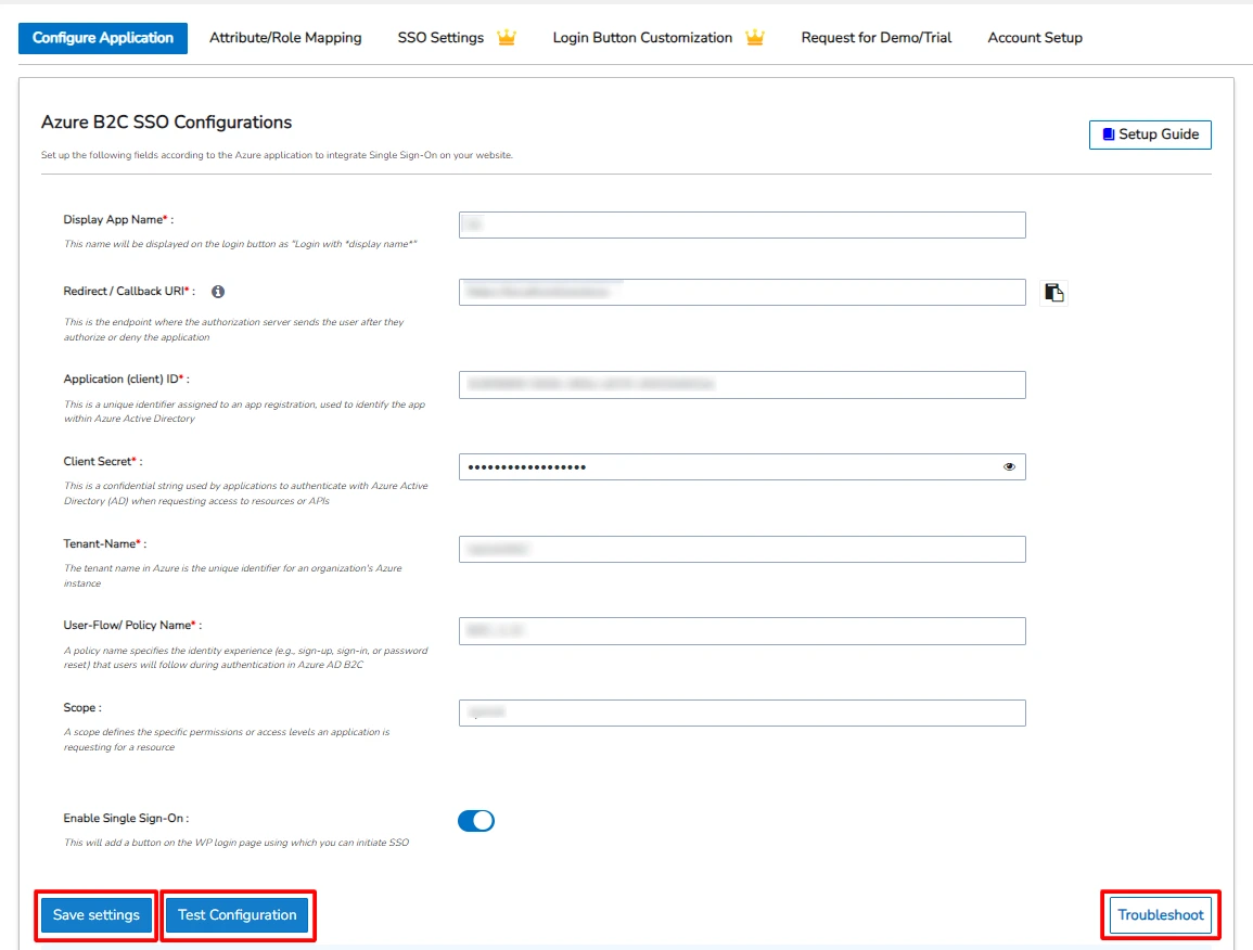 Setup azure sso - azure b2c test configuration window