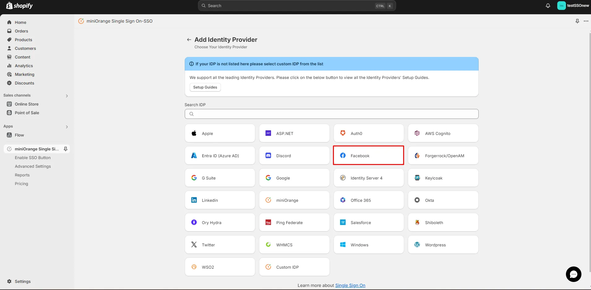 Shopify Facebook SSO Login - Shopify Facebook SSO - Choose Face IDP