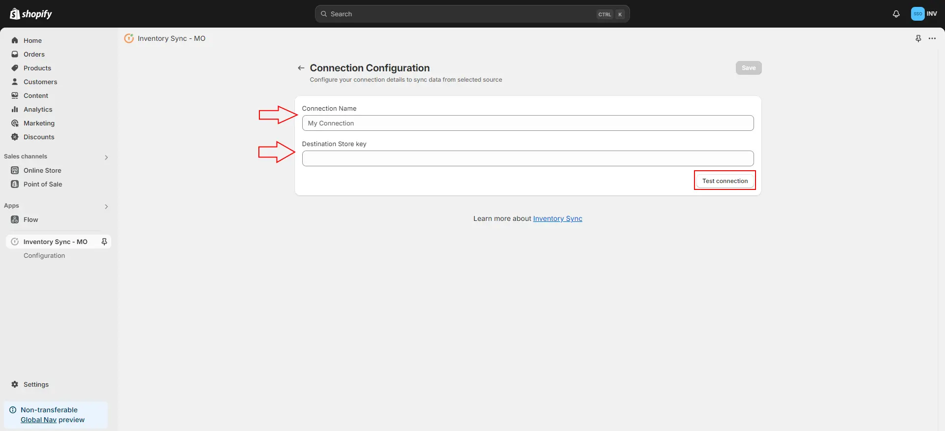Shopify Inventory Sync MO - Test Connection