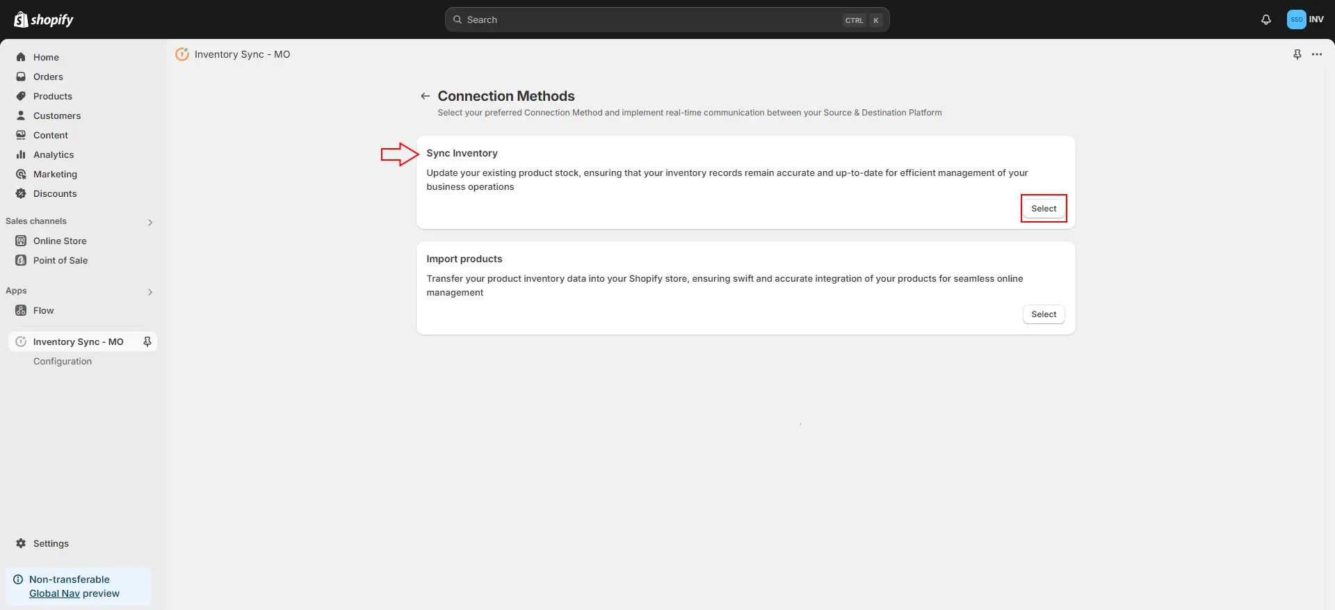 Shopify Inventory Sync MO - Select Sync Inventory