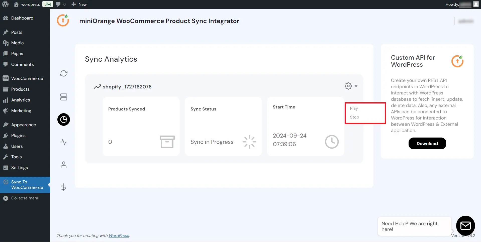 WooCommerce Shopify Product Sync - initiate sync