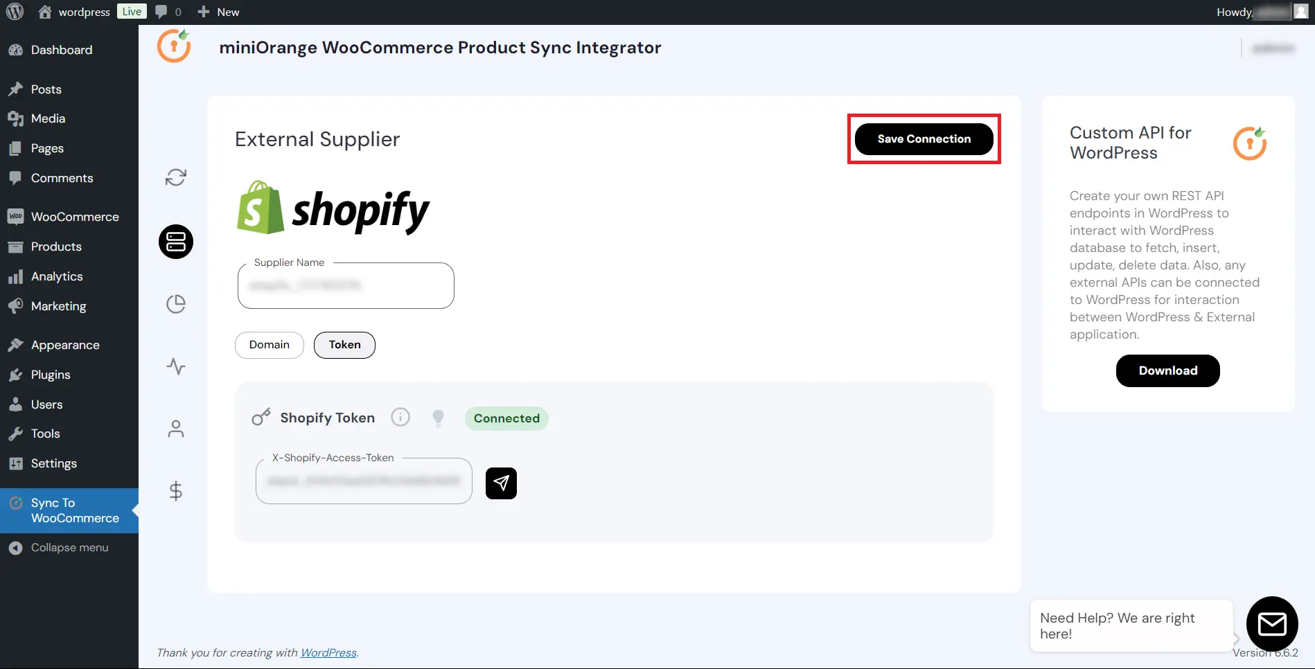 WooCommerce Shopify Product Sync - save connection