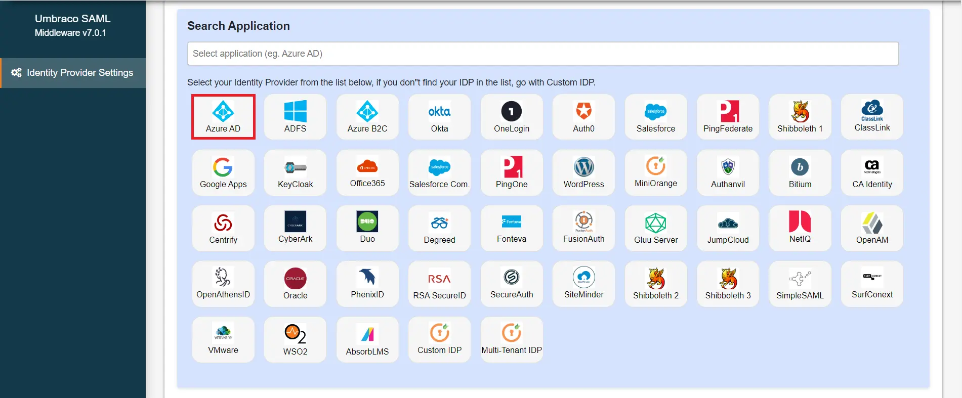 Umbraco Middleware SAML Single Sign-On (SSO) | Middleware Authentication | Umbraco SAML SSO - Select identity provider