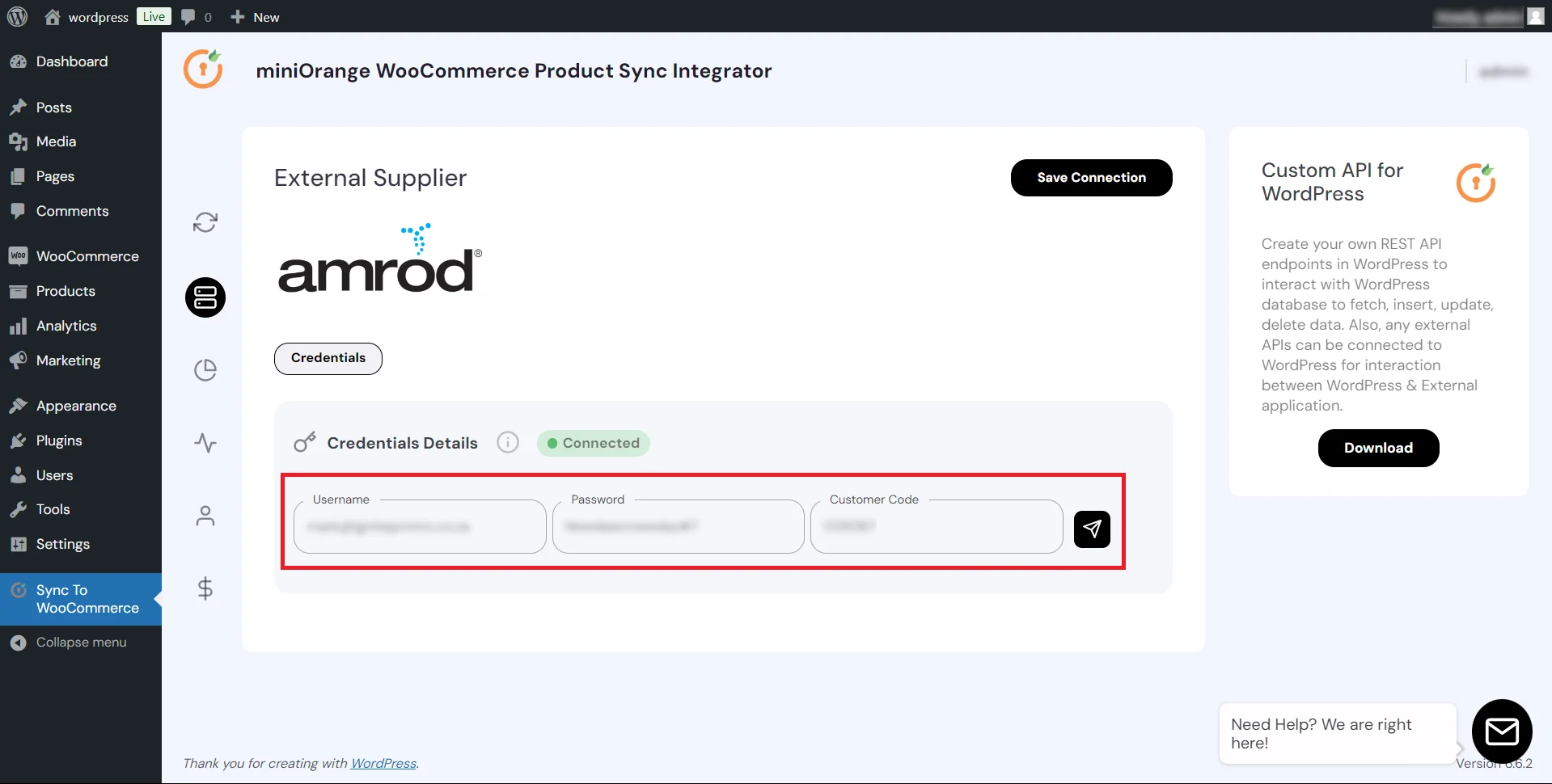 WooCommerce Product Sync - enter credentials