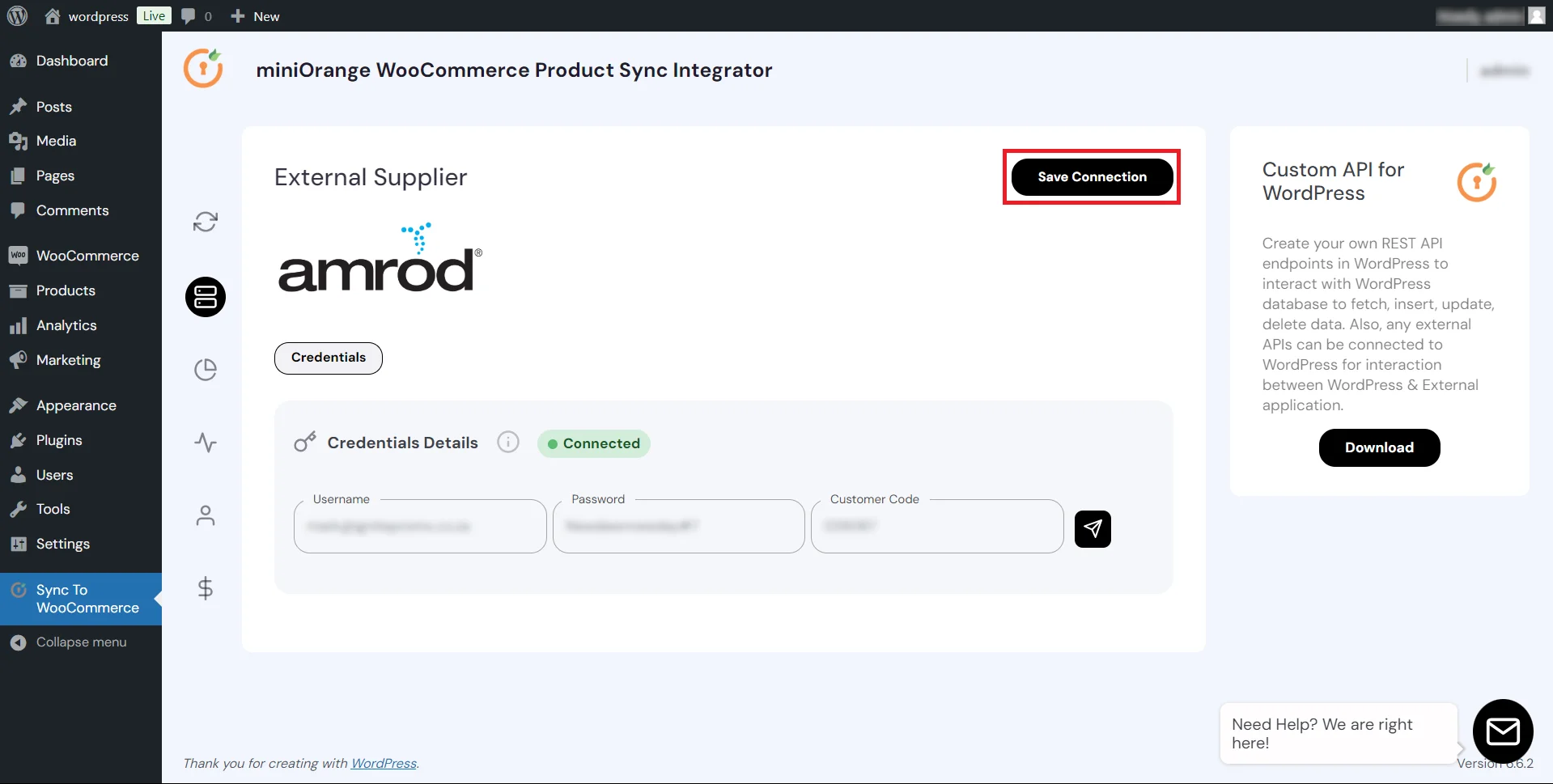 WooCommerce Product Sync - save connection