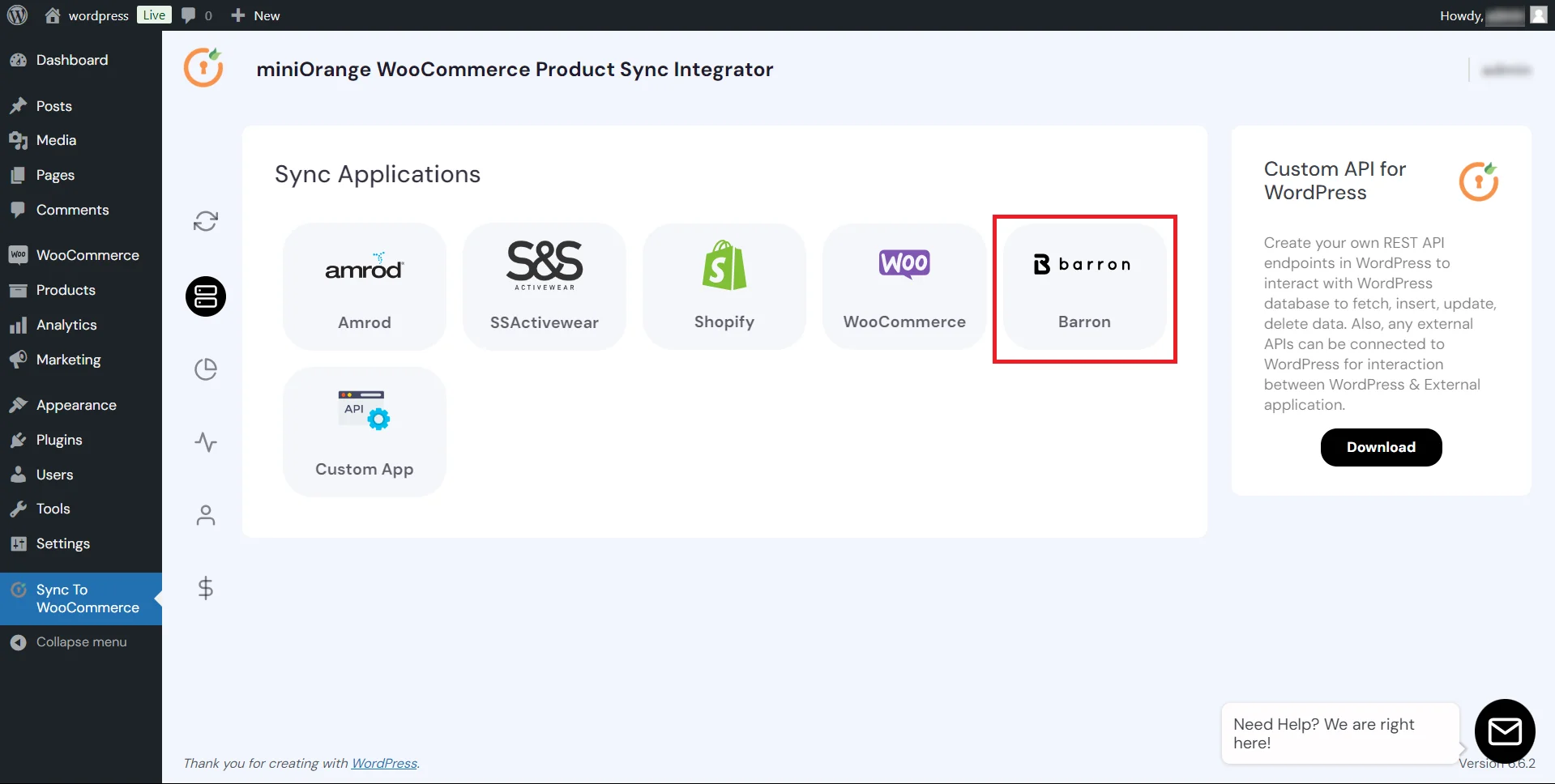 WooCommerce Barron Product Sync - select application