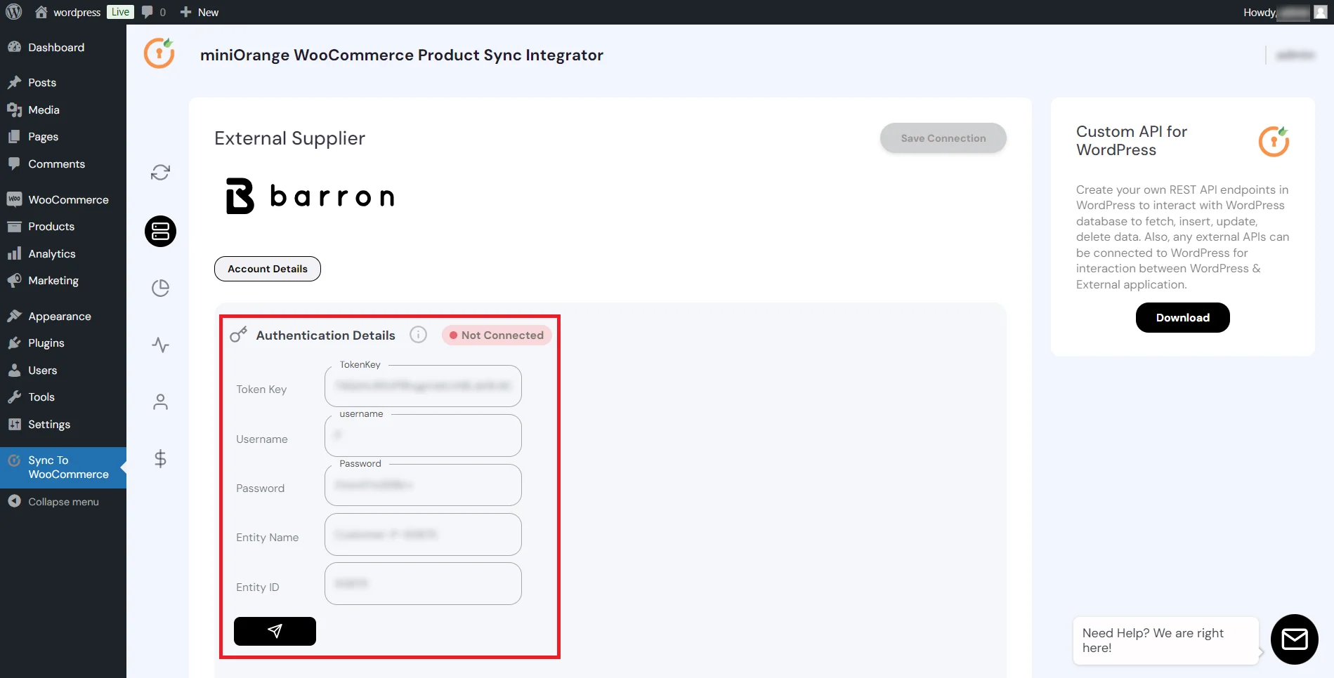 WooCommerce Barron Product Sync - enter credentials