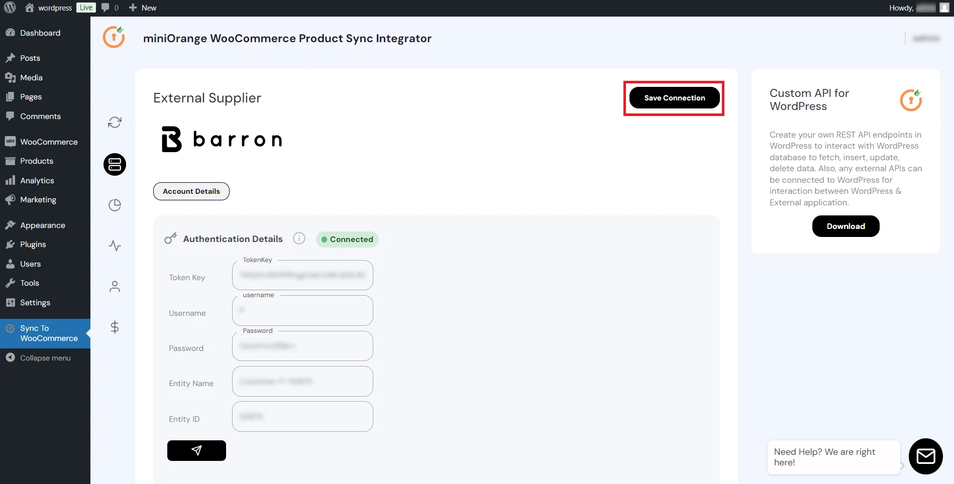 WooCommerce Barron Product Sync - save connection